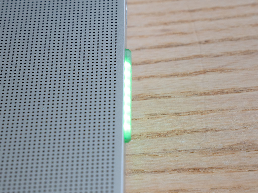 Edge-on view of SidePulse Pro showing all 8 RGB LEDs lit green